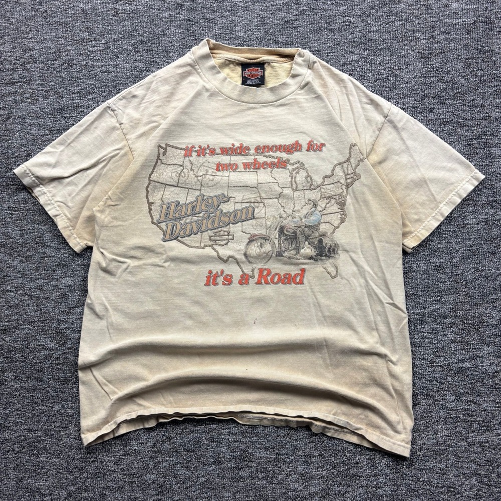 Vintage 90s Harley Davidson Biker Distressed Graphic T-Shirt  Beige Mens Large